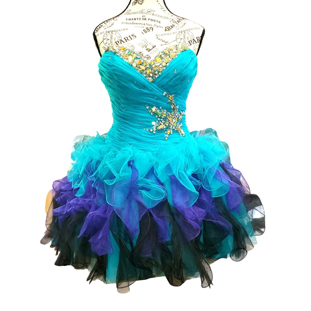 Let's Fashion Teal Blue Purple Ruffle Rhinestone Corset Prom Dress 5365 Small